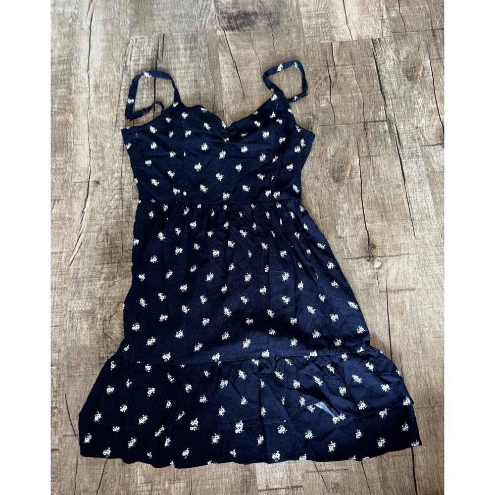 Hollister Navy Blue Floral Mini Dress XS Adjustable Straps Tie Back Ruffle Hem